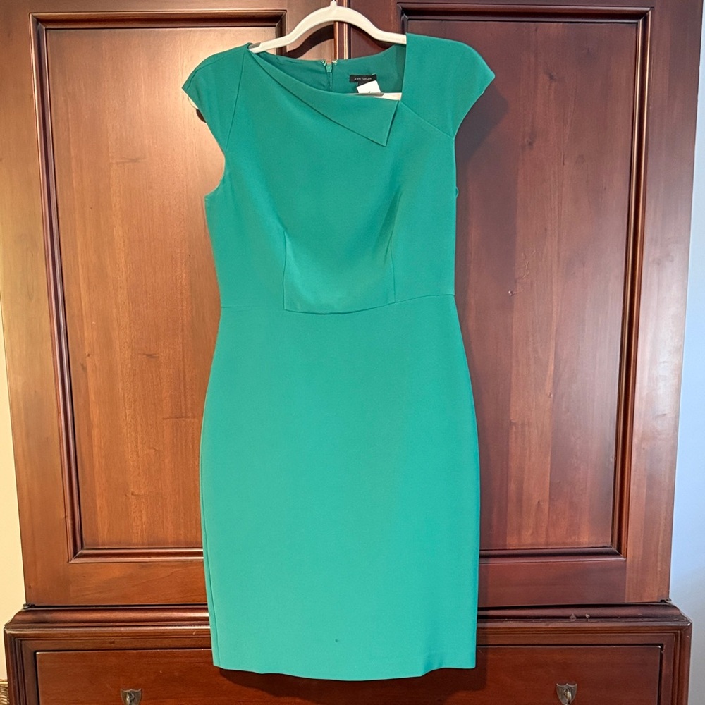 Ann Taylor Cap Sleeve Green Work Dress with Asymmetrical Neckline